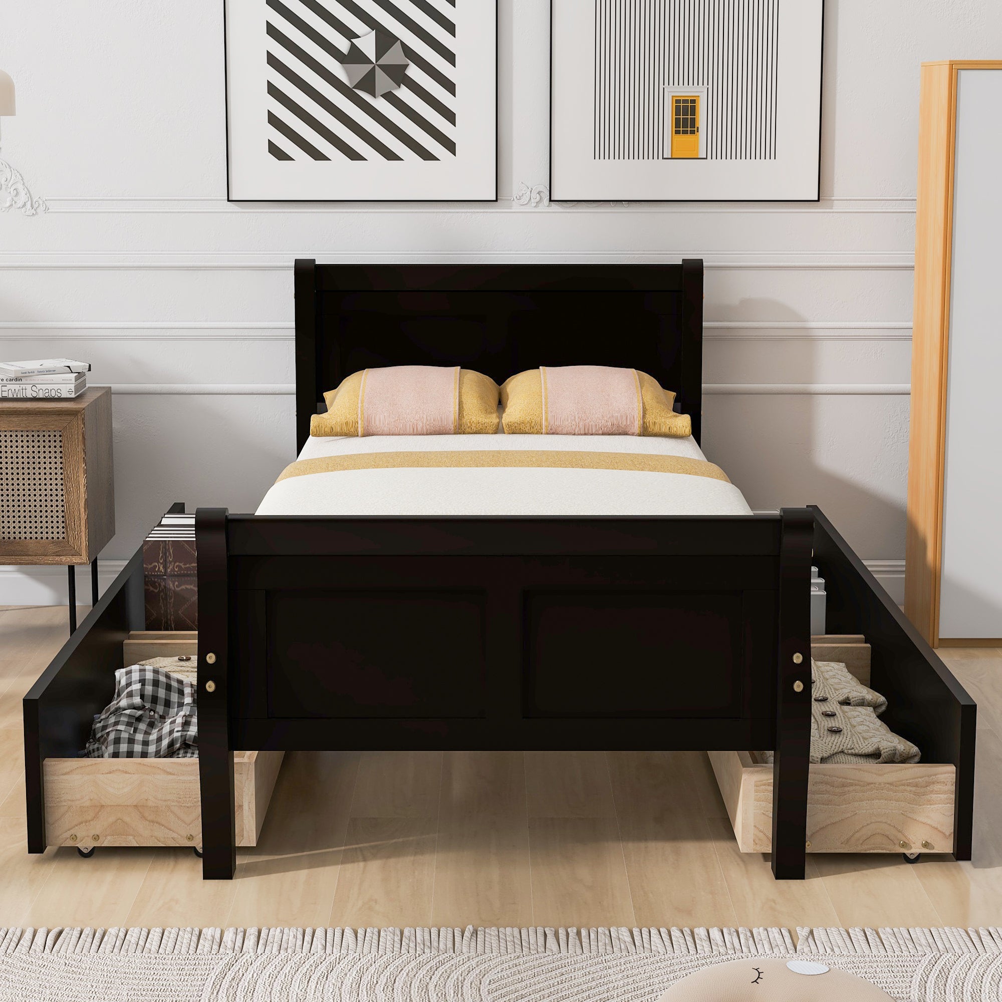 Twin Size Wood Platform Bed with 4 Drawers and Streamlined Headboard & Footboard, Espresso - Atlantic Fine Furniture Melbourne FL