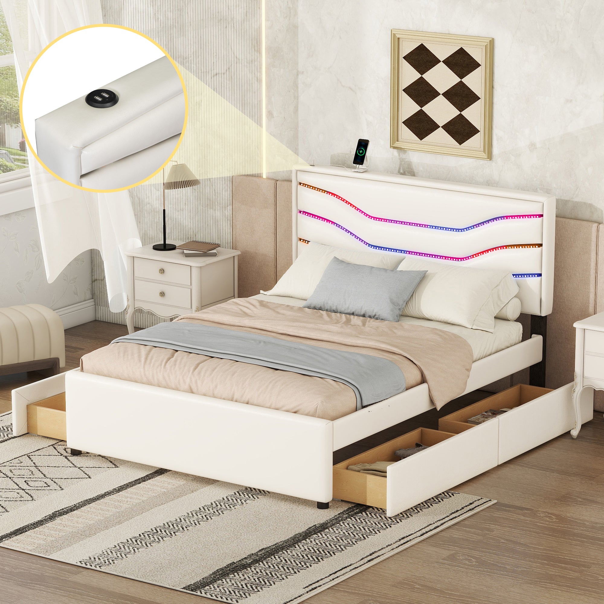 Queen Size Upholstered Storage Platform Bed with LED, 4 Drawers and USB Charging, White - Atlantic Fine Furniture Melbourne FL