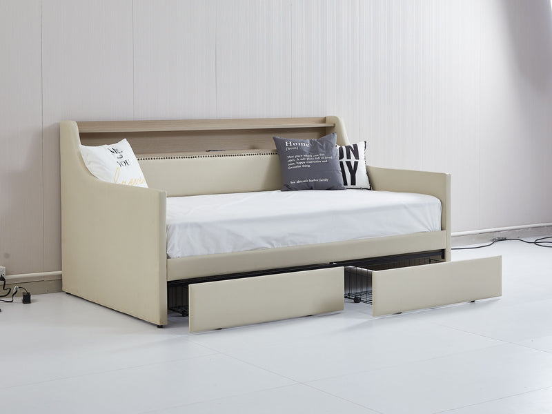 Twin Size Daybed with Storage Drawers, Upholstered Daybed with Charging Station and LED Lights, Beige (Expect arrive date: December 30th.)