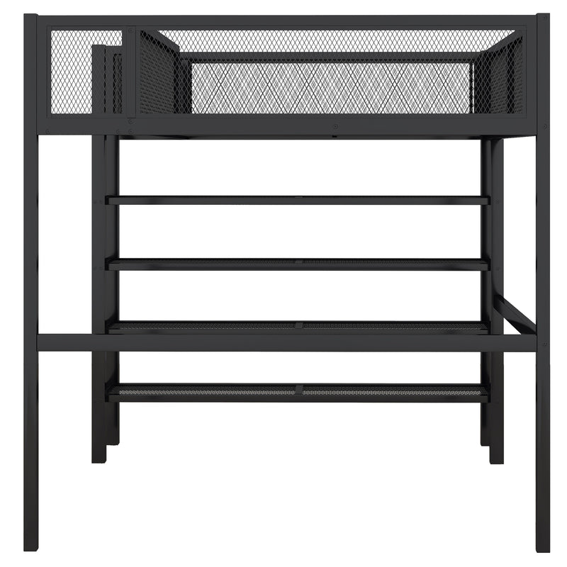 Full Size Metal Loft Bed with 4-Tier Shelves and Storage, Black