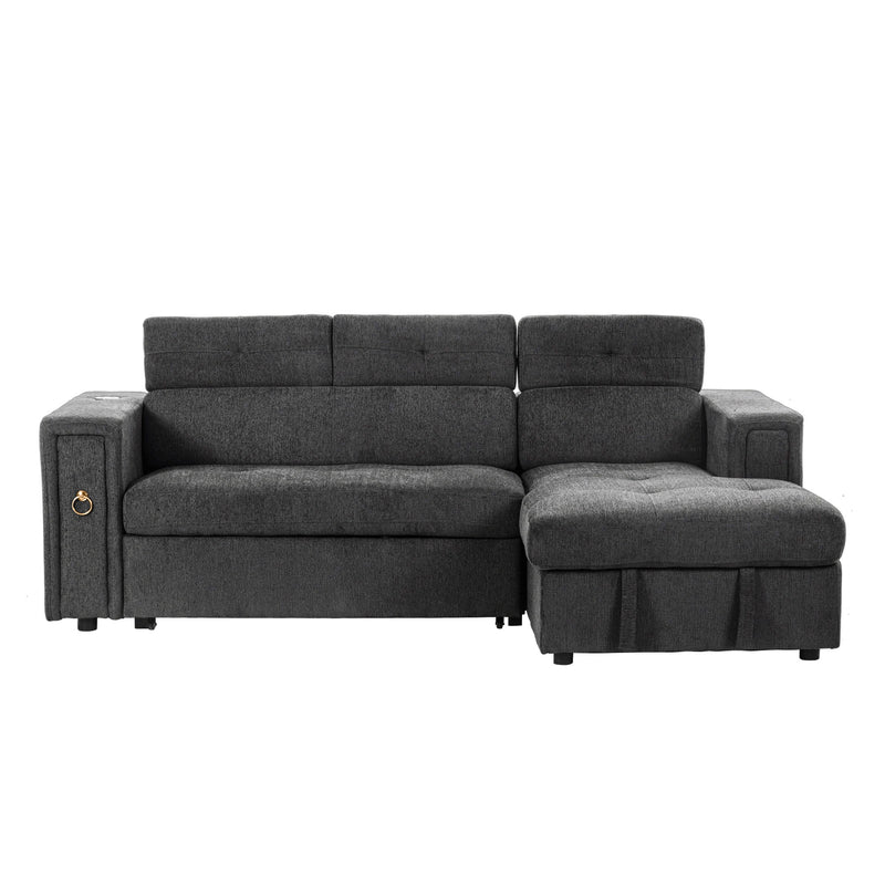 Multi-Functional Pull-Out Sofa Bed L-Shape Sectional Sofa With Adjustable Headrest, Wireless Charging, Cup Holders And Hidden Storage For Living Room