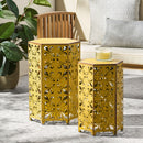 Outdoor Hexagonal Accent Table Set With Charming Fleur De Lis Panel Sides - Antique Yellow