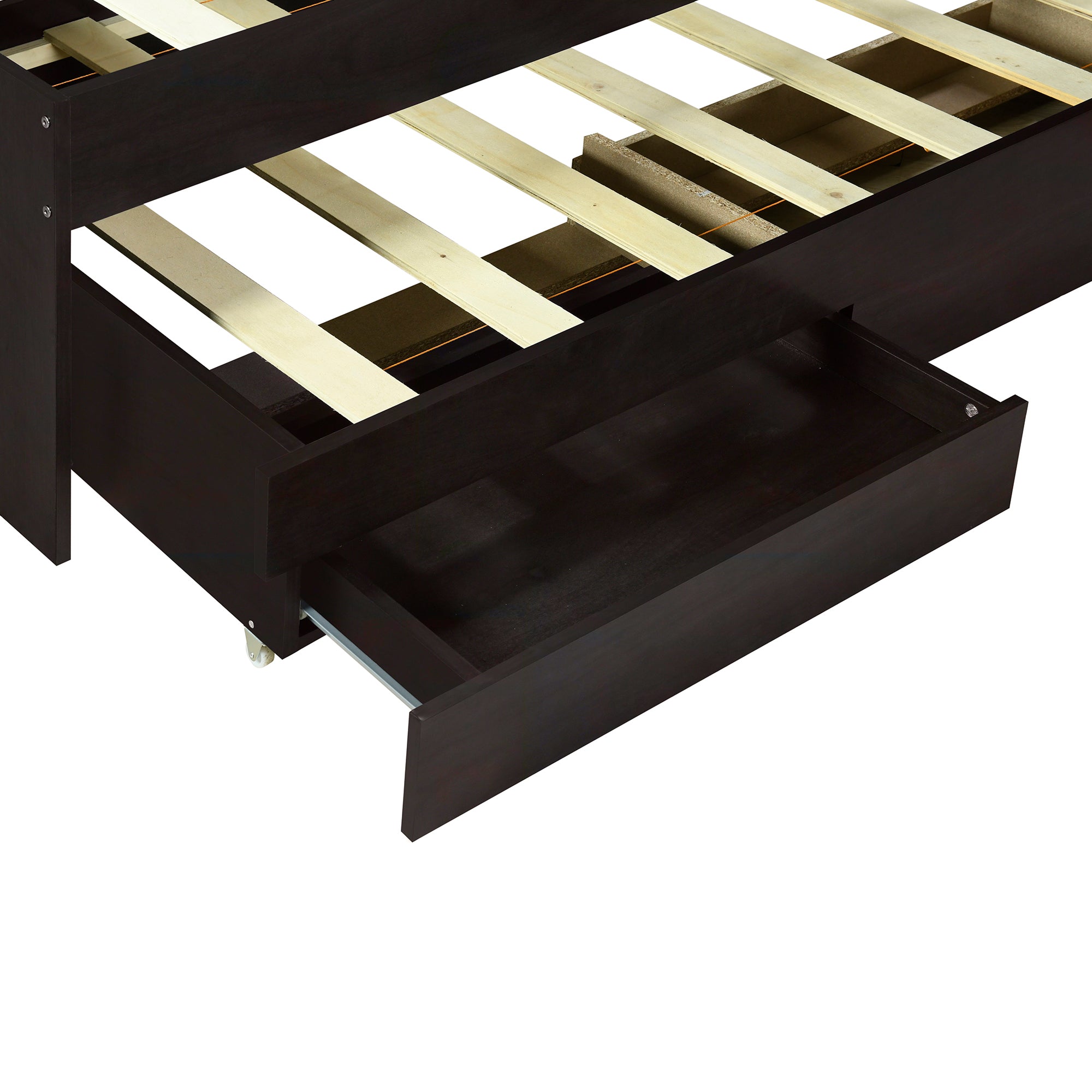 Full XL Size Platform Bed with Storage LED Headboard, Charging Station, Twin Size Trundle and 2 Drawers, Dark Brown - Atlantic Fine Furniture Melbourne FL