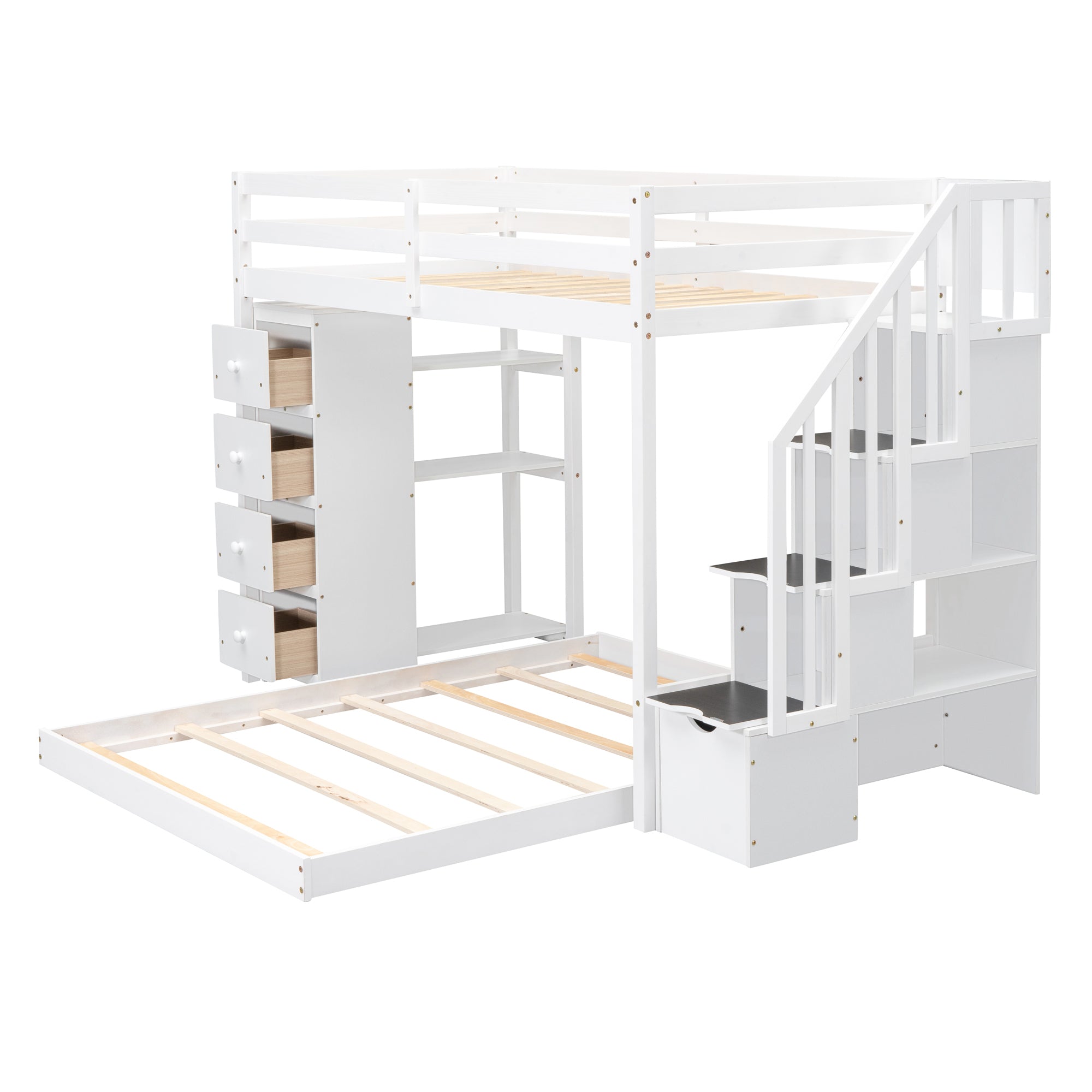 Twin Over Full Bunk Bed with 3-layer Shelves, Drawers and Storage Stairs, White - Atlantic Fine Furniture Melbourne FL