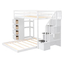Twin Over Full Bunk Bed with 3-layer Shelves, Drawers and Storage Stairs, White