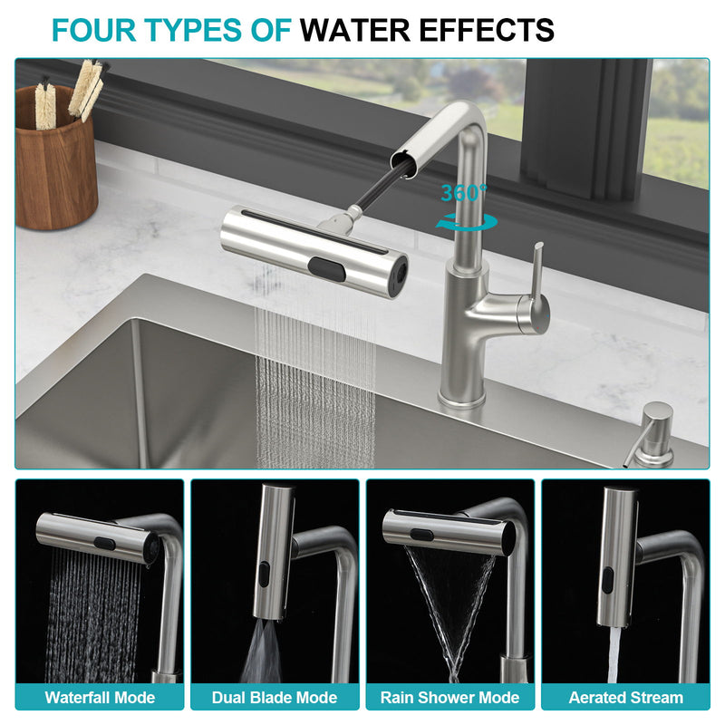 30" Single Bowl Drop In Kitchen Sink With Pull Out Faucet And Soap Dispenser - Brushed Nickel