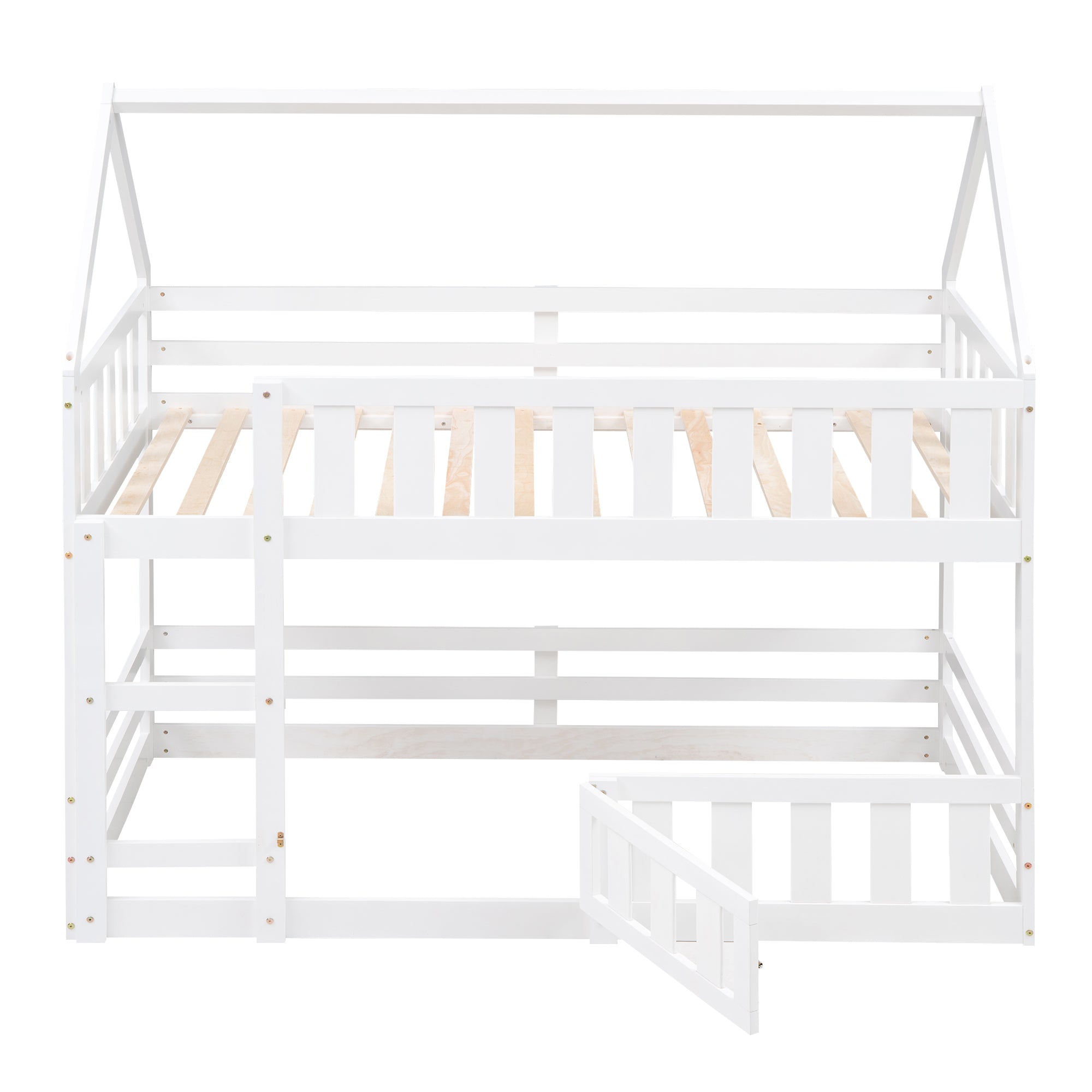 Twin over Twin House Bunk Bed with Fence and Door, White - Atlantic Fine Furniture Melbourne FL