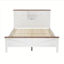 Farmhouse Platform Bed with Double Sliding Barn Door, Queen Size Rustic Wood Bed with
Charging Station, Wood Slats Support, White+Brown