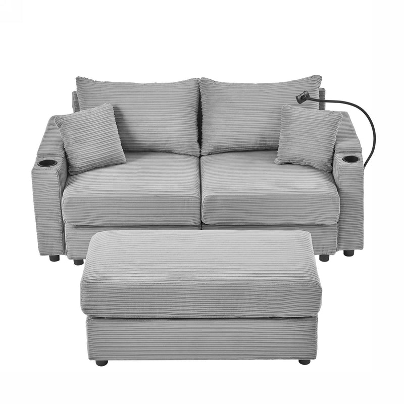 Modern Style Loveseat Sofa Sectional Sofa Couch With Storage Space, A Movable Ottoman, Two USB Ports, Two Cup Holders, A Phone Holder For Living Room