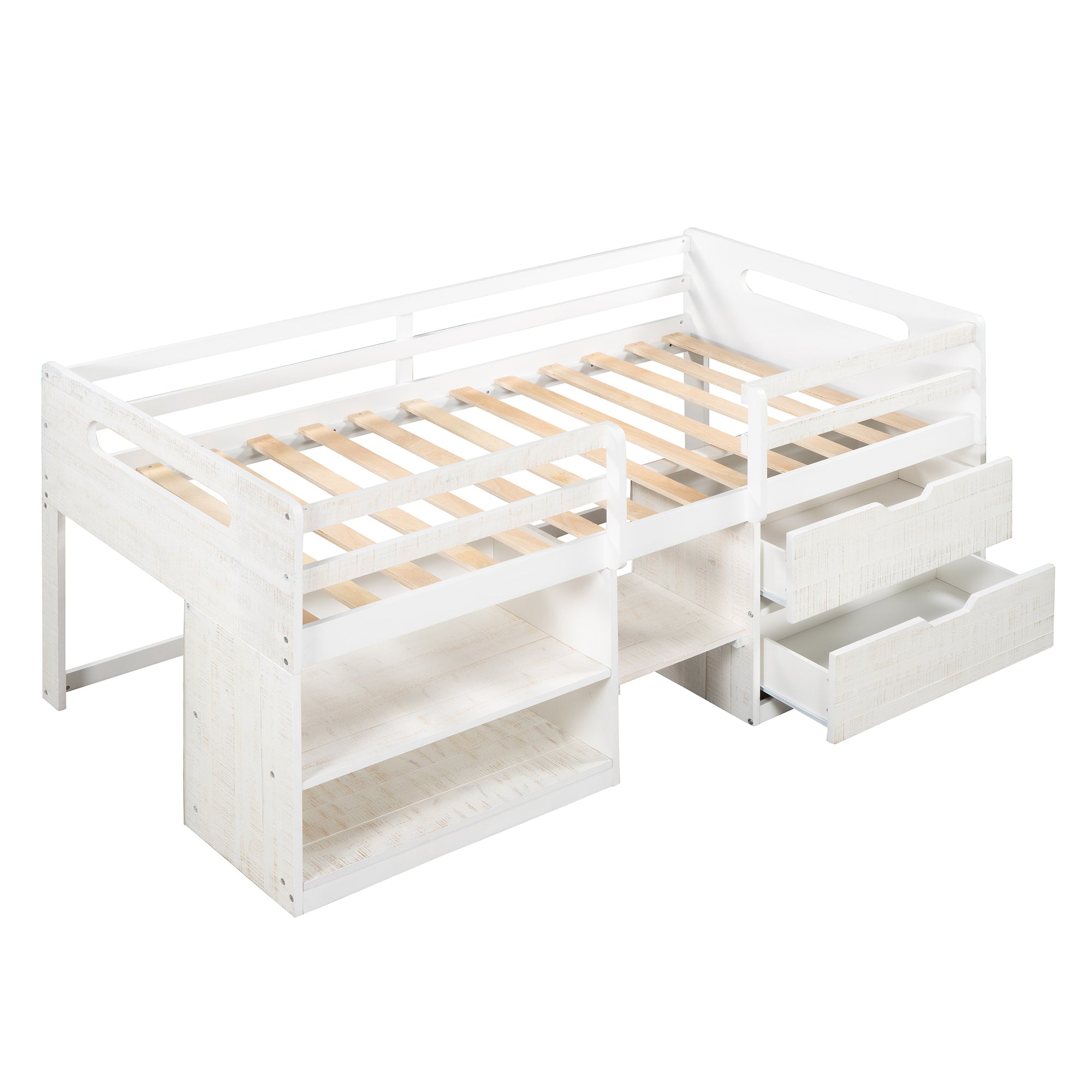 Twin size Loft Bed with Two Shelves and Two drawers (Antique White) - Atlantic Fine Furniture Melbourne FL