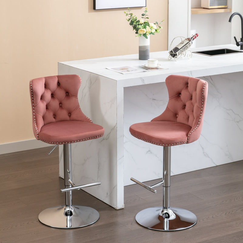 Swivel Velvet Barstools Adjusatble Seat Height From 25-33", Modern Upholstered Chrome Base Bar Stools With Backs Comfortable Tufted For Home Pub And Kitchen Island (Set of 2)