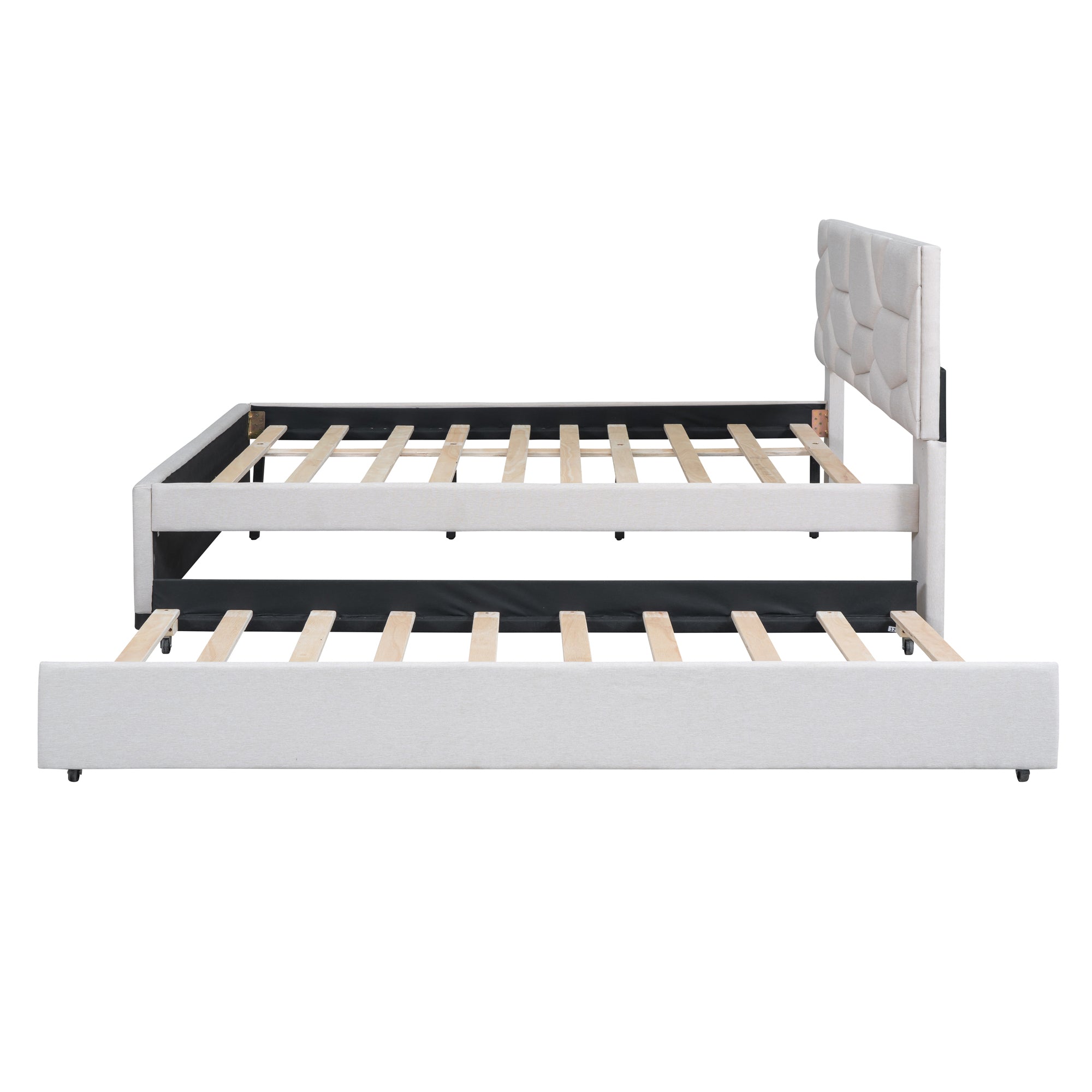 Full Size Upholstered Platform Bed with Brick Pattern Headboard and Twin Size Trundle, Linen Fabric, Beige - Atlantic Fine Furniture Melbourne FL