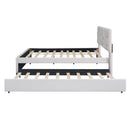 Full Size Upholstered Platform Bed with Brick Pattern Headboard and Twin Size Trundle, Linen Fabric, Beige