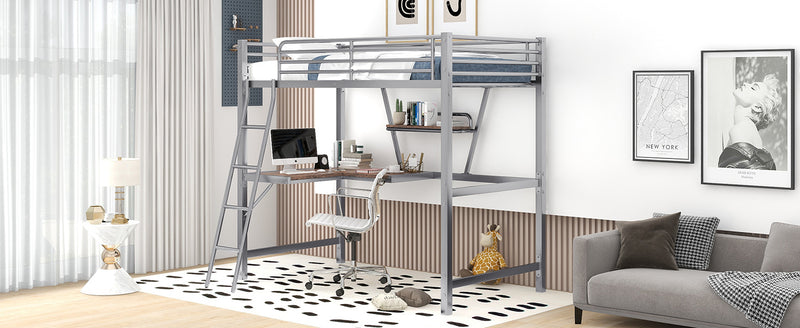 Twin Size Loft Metal&MDF Bed with Desk and Shelf, Silver (Old SKU:SM001105AAN-1)