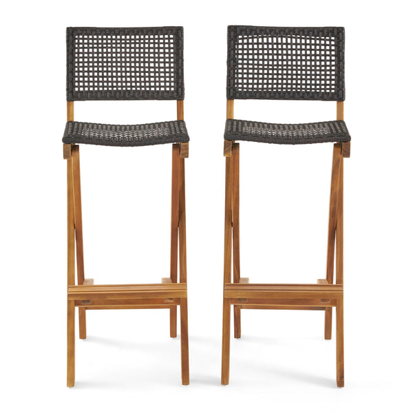 Outdoor Folding Acacia Wood Barstools With Rattan Backrest And Seat (Set of 2) - Teak