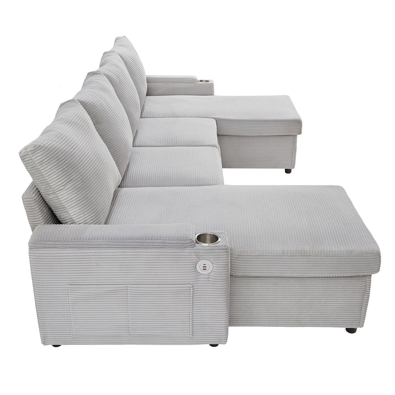 U Shaped Sectional Sofa Bed With Storage Chaise Lounges, USB Ports, And Cup Holders