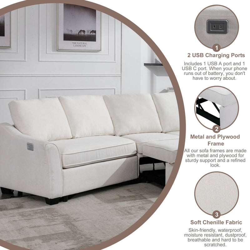 Sectional Sleeper Sofa With Pull-Out Bed Modern L-Shape Couch Bed With USB Charging Port For Living Room, Bedroom - Beige