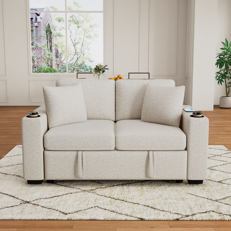 2 Seater Loveseat Sofa With Pull Out Bed, USB Charging, Dual Cup Holders - Beige