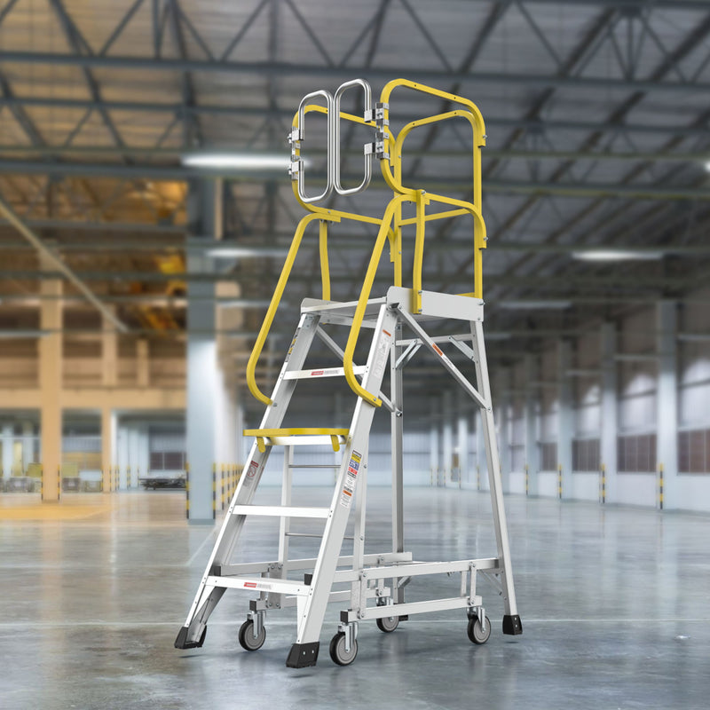 Heavy Duty Aluminum Rolling Platform Ladder With Steps, 375Lbs Capacity