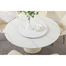 Modern Sintered Stone Dining Table With Round Turntable, Wood And Metal Pedestal, 8 Chairs - White
