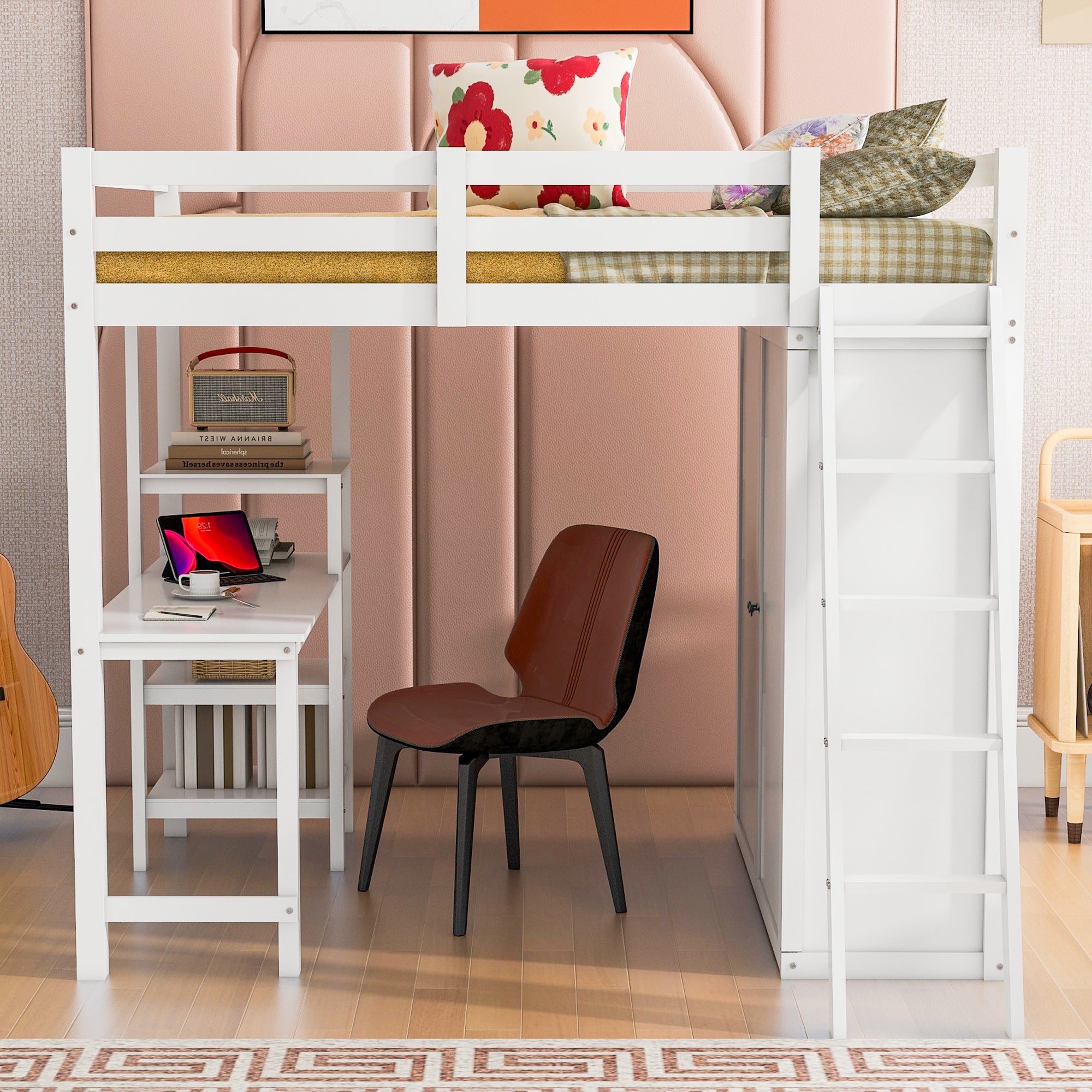 Full Size Loft Bed with Wardrobe and Desk and Shelves, White - Atlantic Fine Furniture Melbourne FL