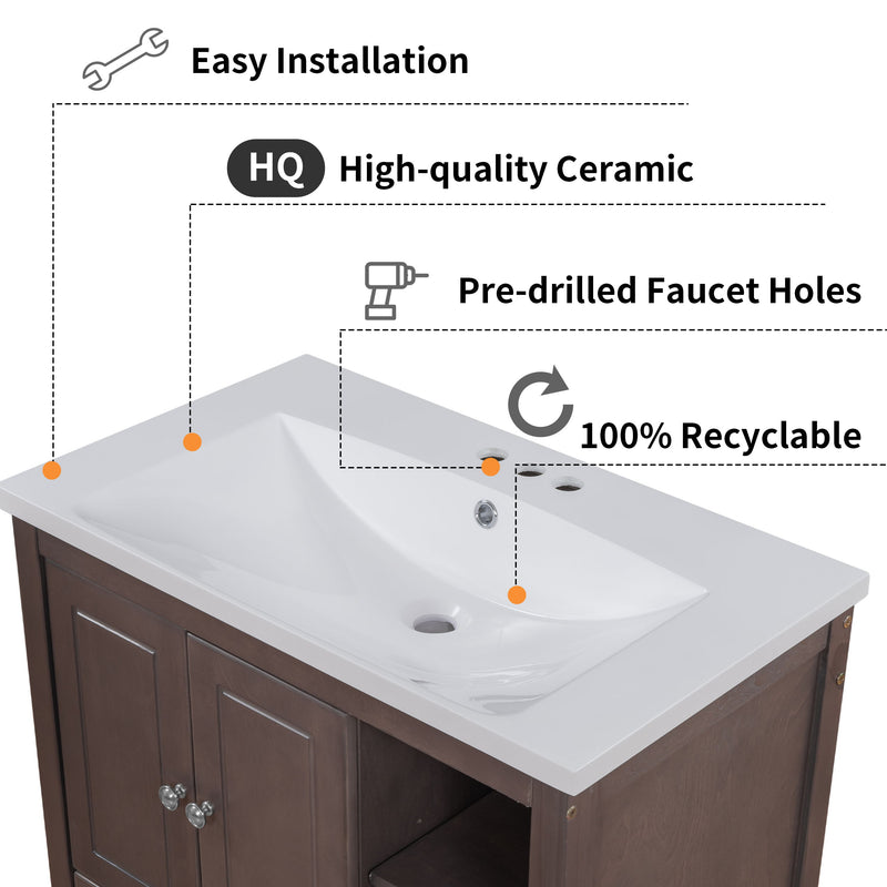 Bathroom Vanity With Sink, Bathroom Storage Cabinet With Doors And Drawers, Solid Wood Frame, Ceramic Sink