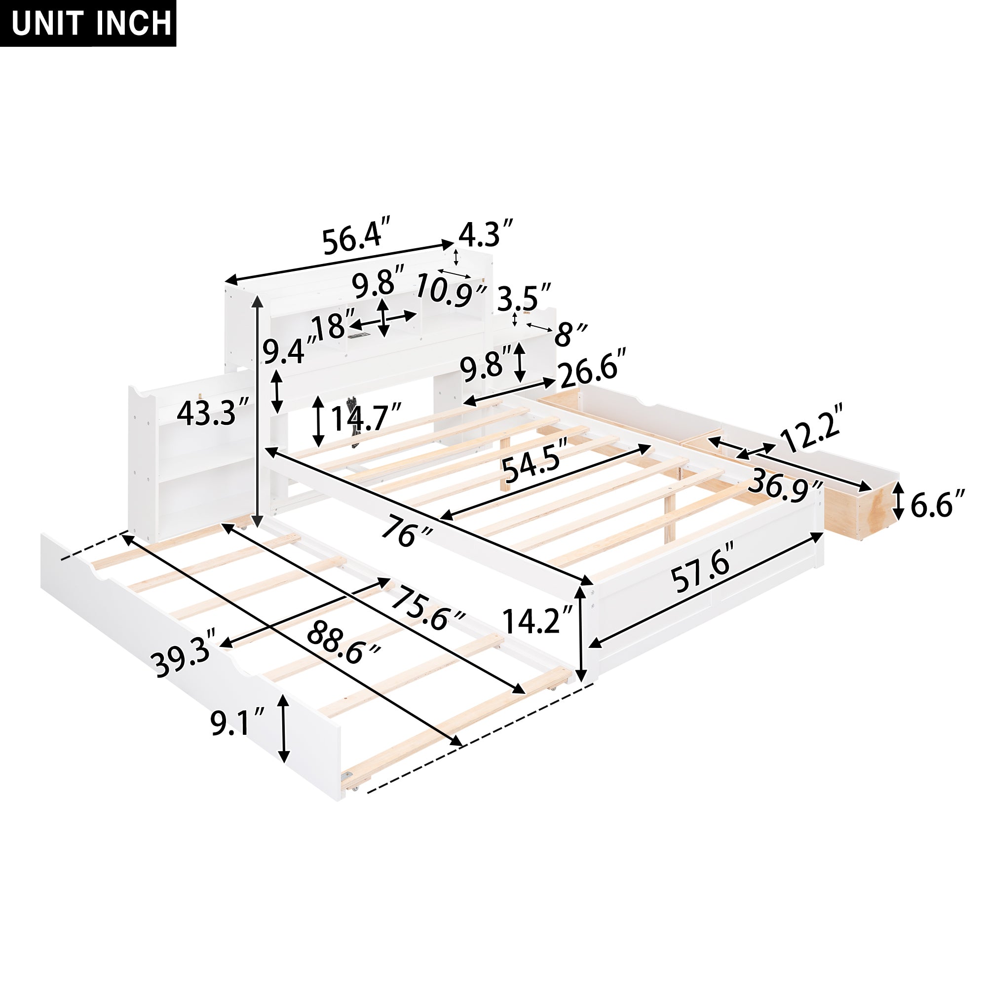 Full Size Storage Platform Bed with Pull Out Shelves, Twin Size Trundle and 2 Drawers, White - Atlantic Fine Furniture Melbourne FL