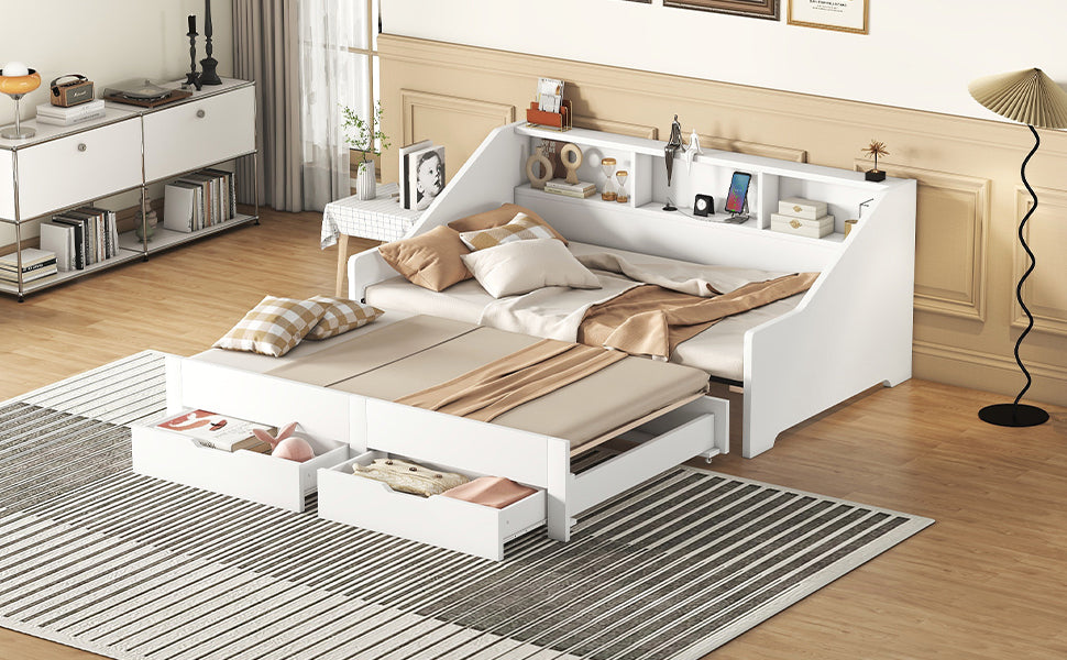 Twin to King Size Daybed Frame with Storage Bookcases and Two Drawers,Charging Design,White - Atlantic Fine Furniture Melbourne FL