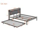 Queen Size Metal Platform Bed Frame with Twin size trundle, Upholstered headboard, Sockets, USB Ports and Slat Support, No Box Spring Needed, Black