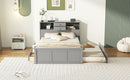 Full Size Wood Pltaform Bed with win Size Trundle, 3 Drawers, Upper Shelves and a set of USB Ports & Sockets, Gray