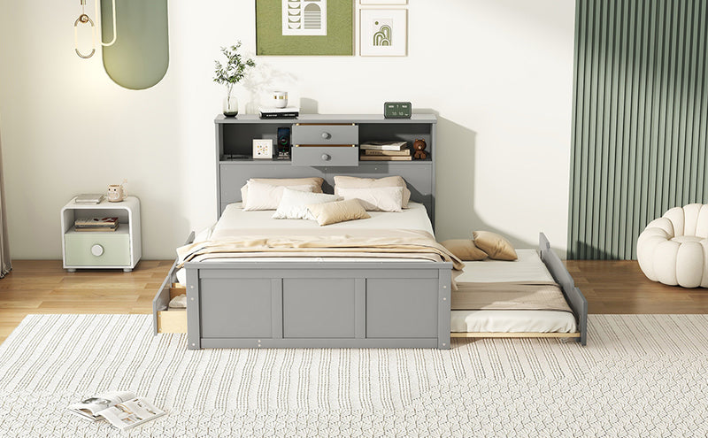 Full Size Wood Pltaform Bed with win Size Trundle, 3 Drawers, Upper Shelves and a set of USB Ports & Sockets, Gray