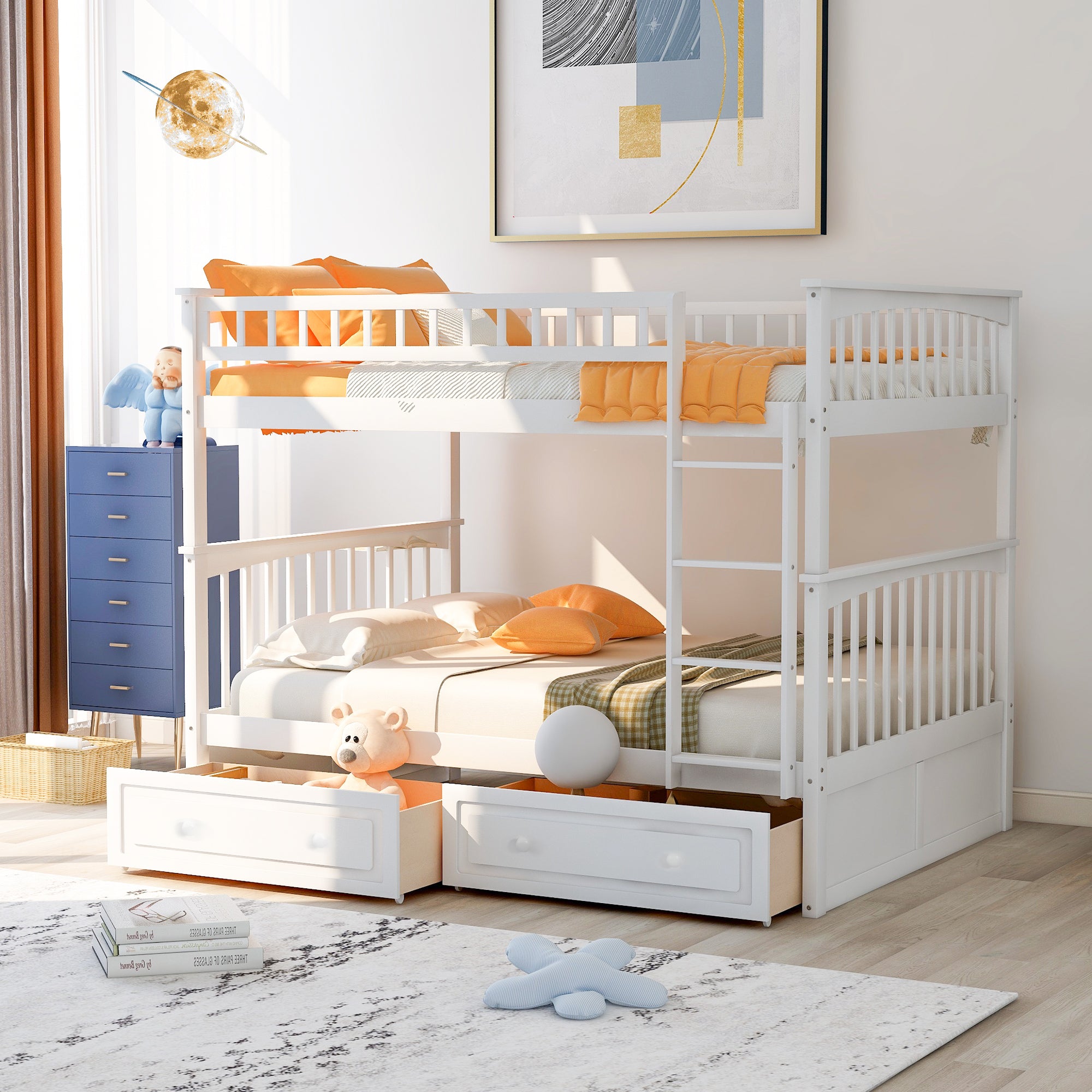 Full over Full Bunk Bed with Drawers, Convertible Beds, White(OLD SKU: SM000241AAK-1) - Atlantic Fine Furniture Melbourne FL
