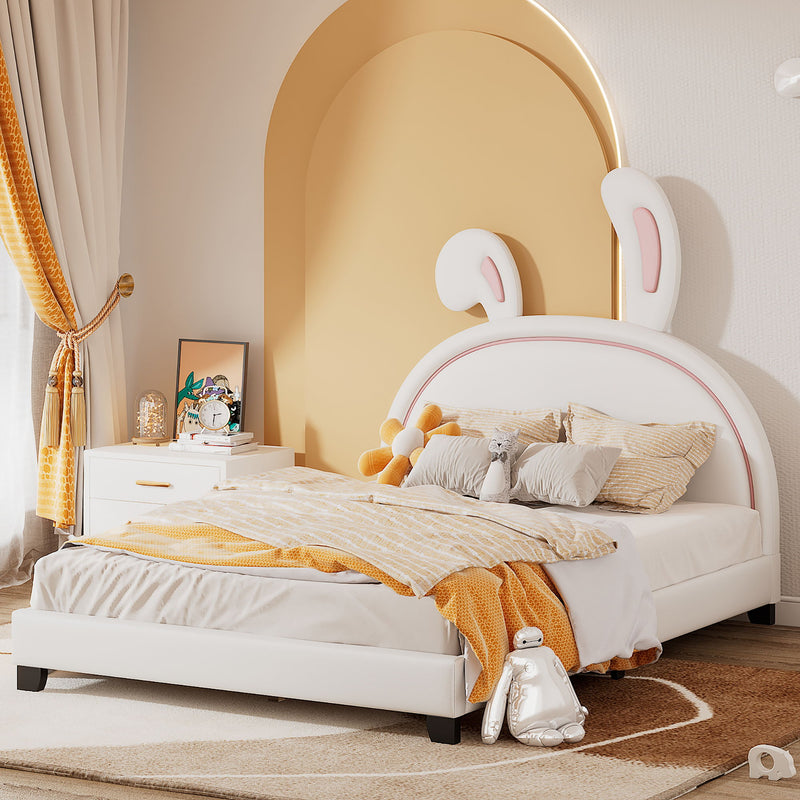 Upholstered Leather Platform Bed With Rabbit Ornament