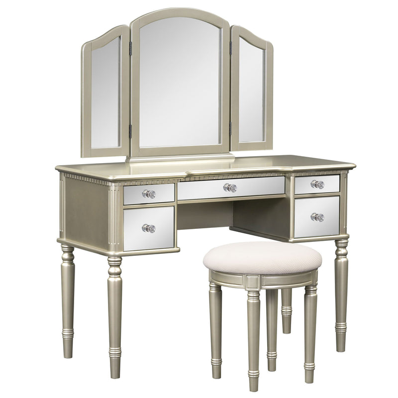 Dressing Table Set With Mirrored Drawers And Stool, Tri-Fold Mirror, Makeup Vanity Set For Bedroom