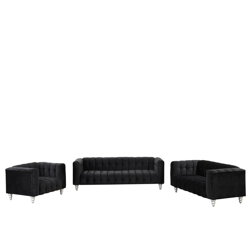 Modern 3 Piece Sofa Set With Solid Wood Legs, Buttoned Tufted Backrest, Dutch Fleece Upholstered Sofa Set Including Three Seater Sofa, Double Seat And Living Room Furniture Set Single Chair