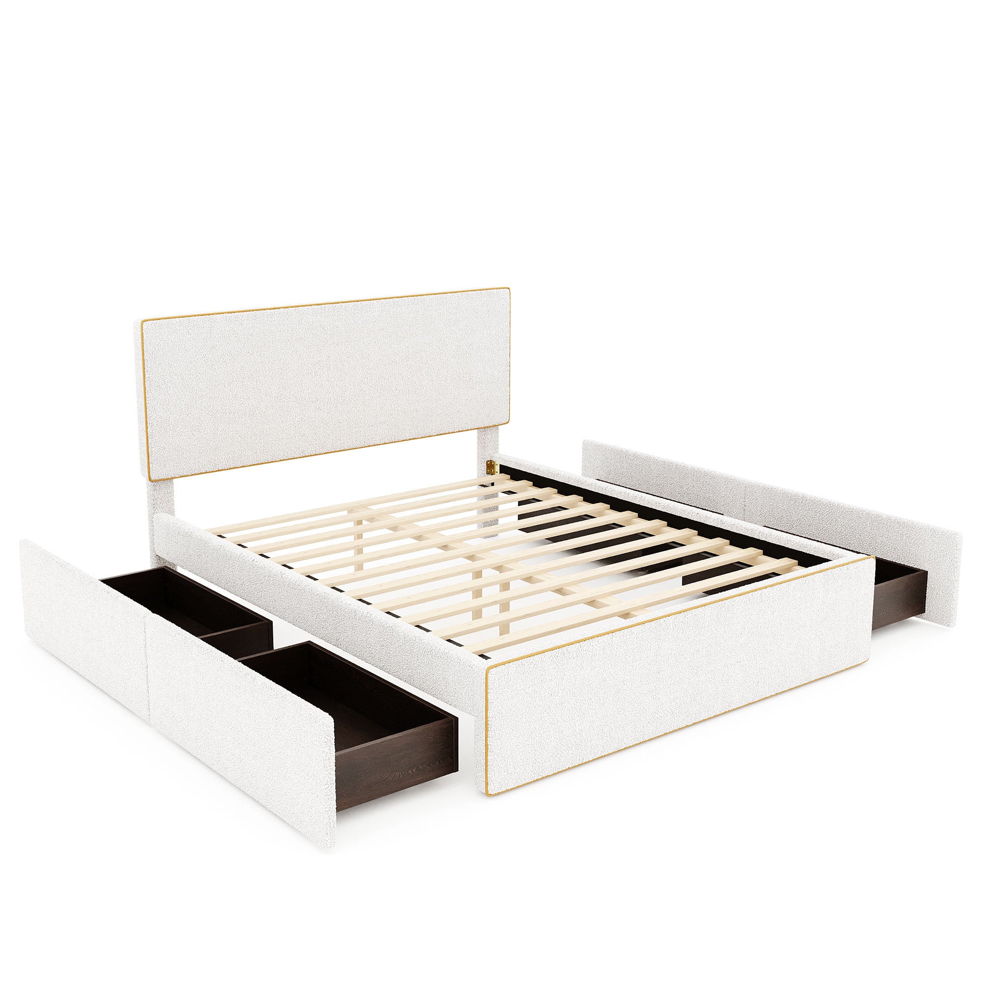 Full Size Upholstered Platform Bed with 4 Drawers and Golden Edge on the Headboard & Footboard, White - Atlantic Fine Furniture Melbourne FL