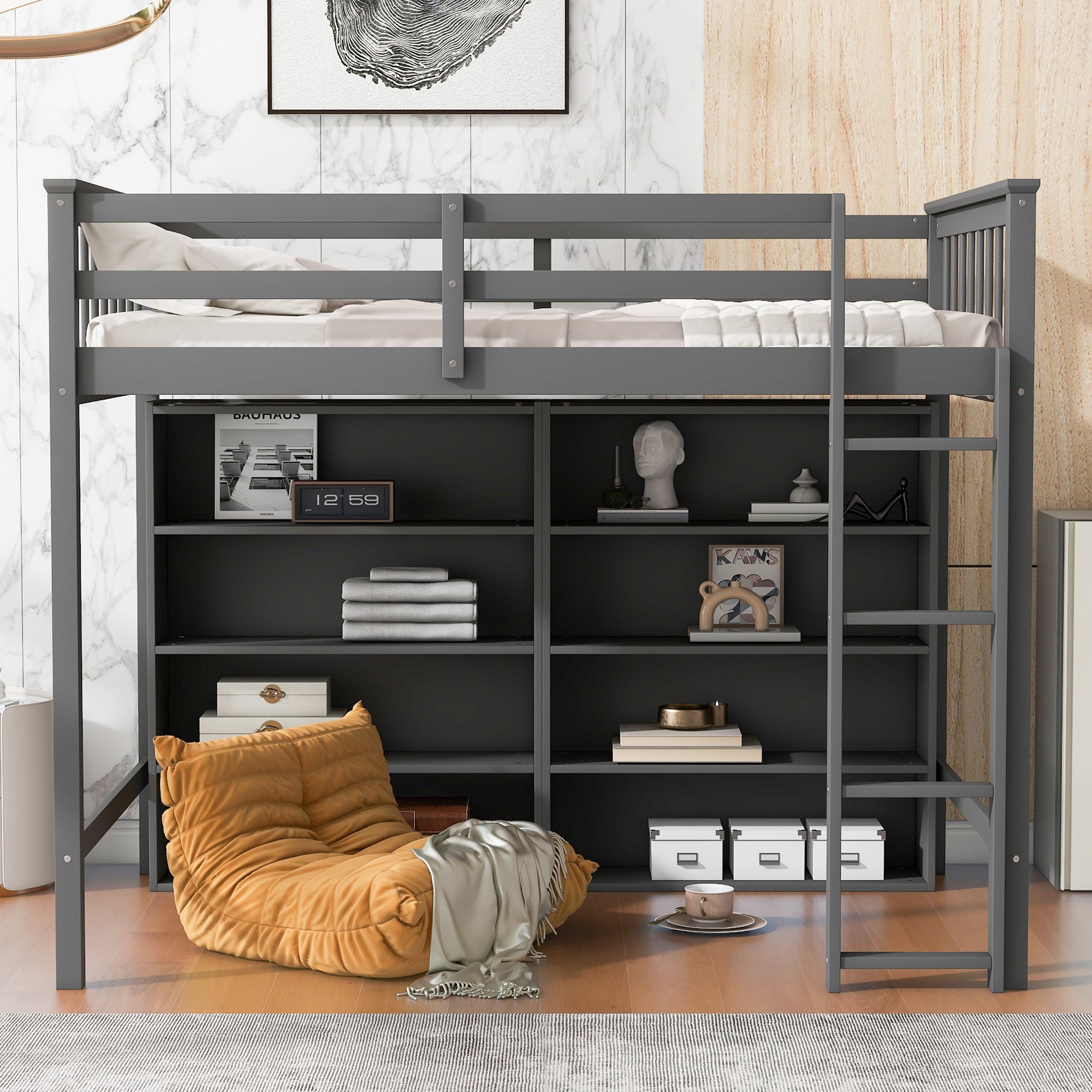 Twin Size Loft Bed with 8 Open Storage Shelves and Built-in Ladder, Gary - Atlantic Fine Furniture Melbourne FL