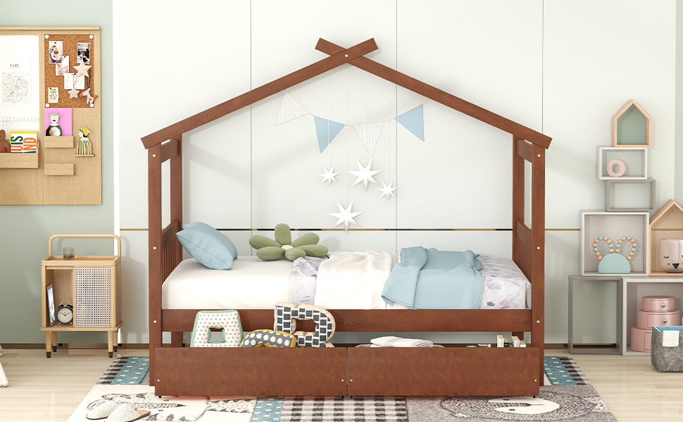 Twin Size Wooden House Bed with Drawers, Walnut - Atlantic Fine Furniture Melbourne FL