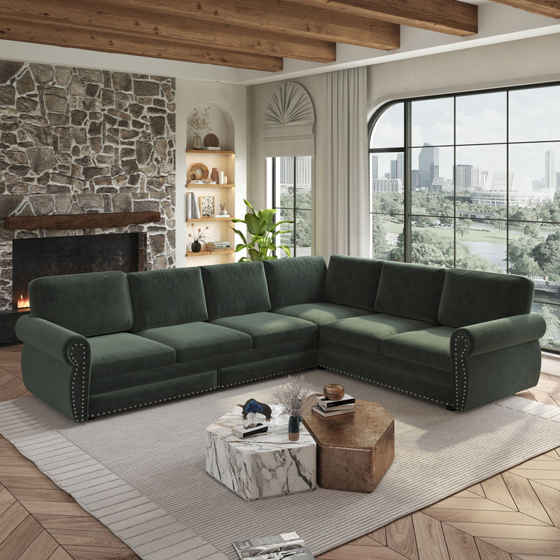 L-Shaped Sofa Couch With Pull Out Bed With Nailhead Trim & Rolled Arm, Sectional Couches, For Living Room - Green