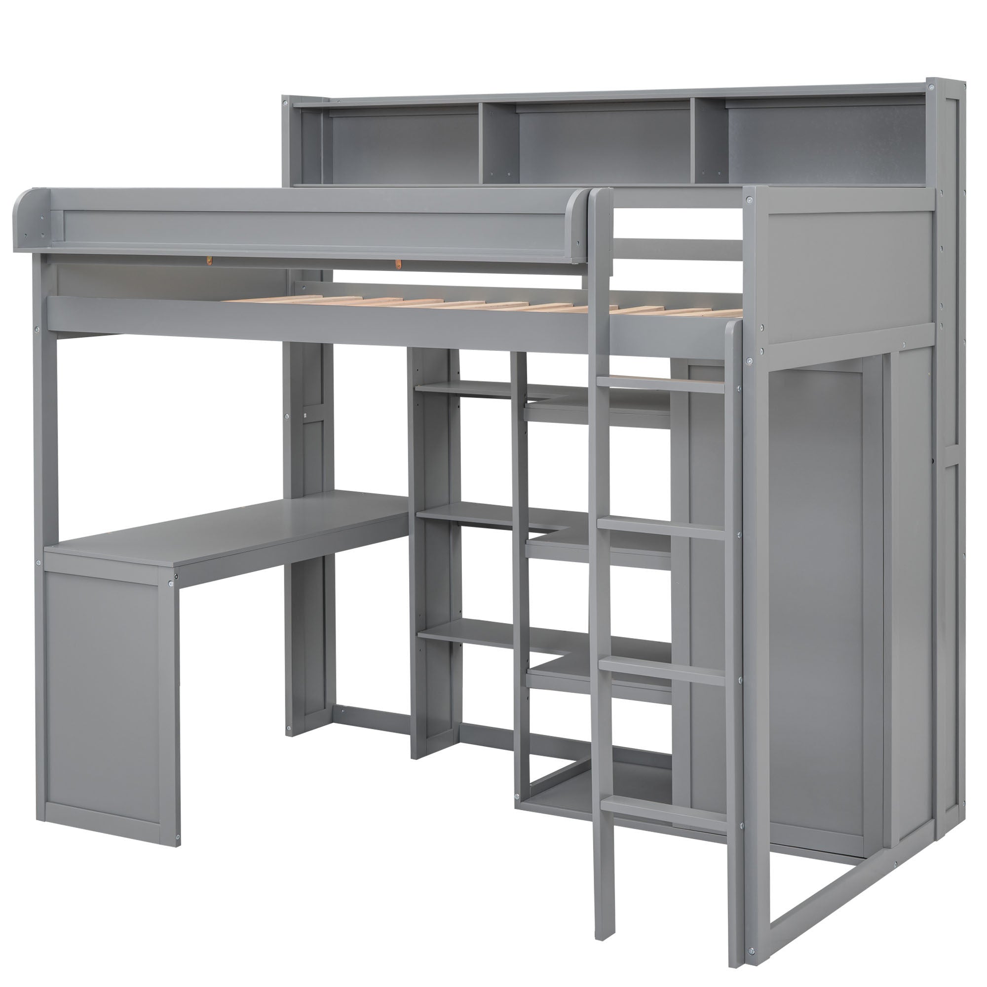 Wood Twin Size Loft bed with Multiple Storage Shelves and Wardrobe, Gray - Atlantic Fine Furniture Melbourne FL