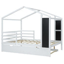 Full Size Wood House Bed with Fence and Writing Board, White