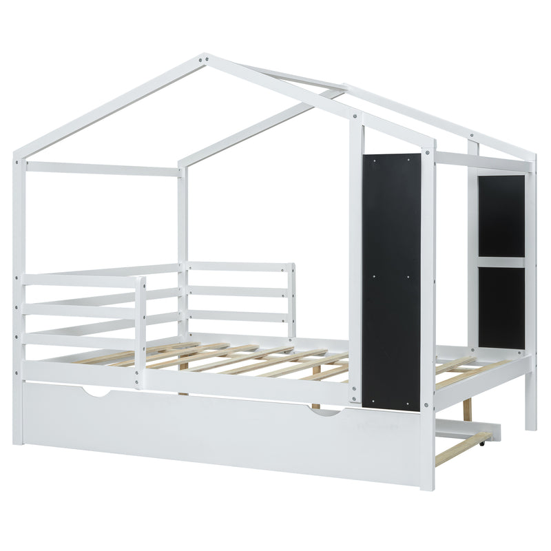 Full Size Wood House Bed with Fence and Writing Board, White