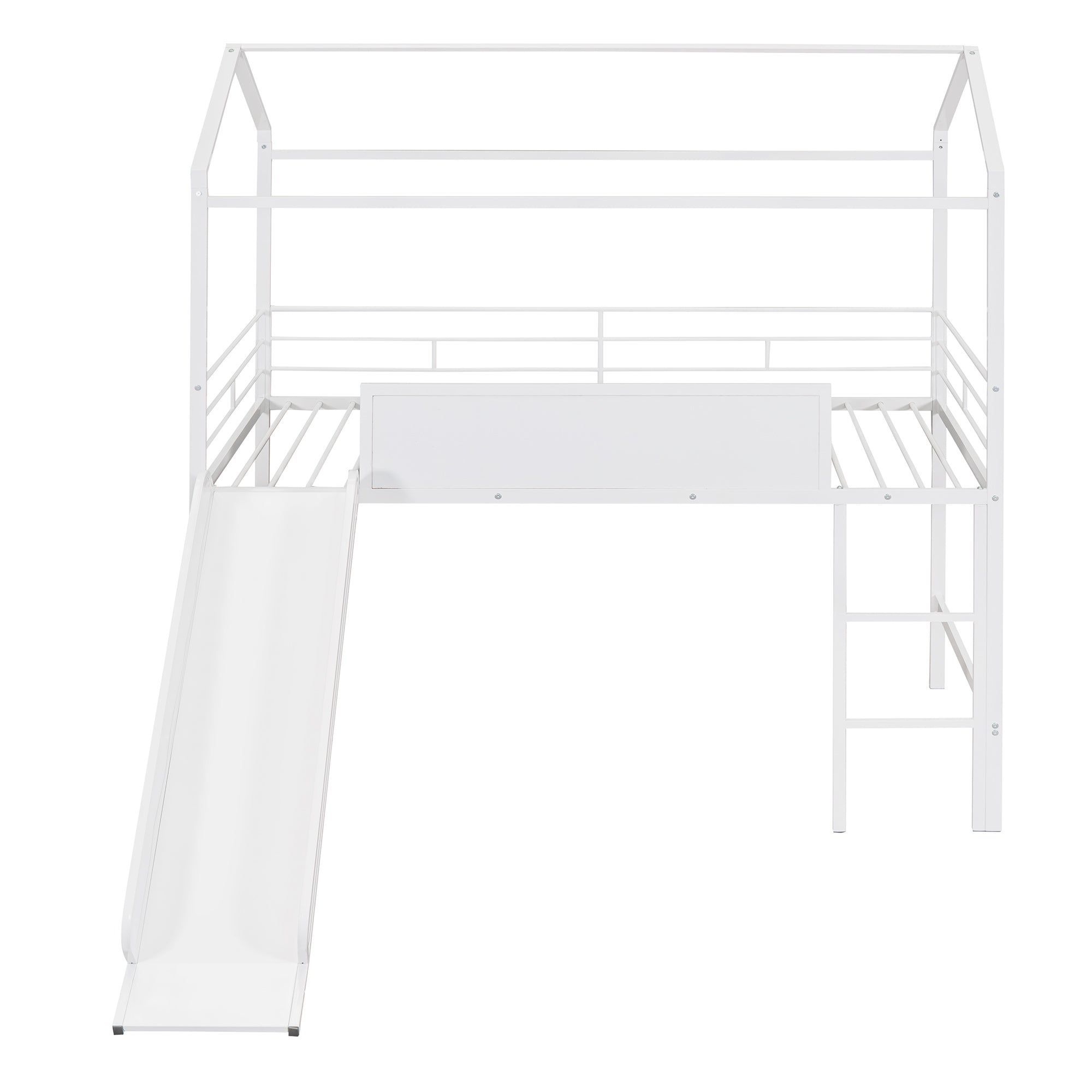 Metal House Bed With Slide, Twin Size Metal Loft Bed with Two-sided writable Wooden Board (White )