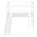 Metal House Bed With Slide, Twin Size Metal Loft Bed with Two-sided writable Wooden Board (White )