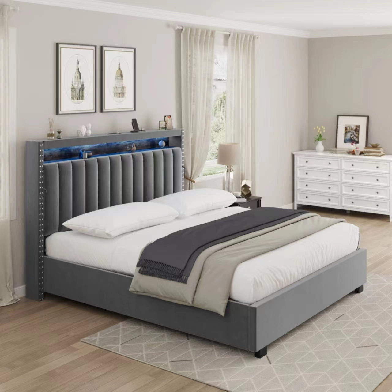 Luxury Gas Lift Storage Bed with RF LED Lights, Storage Headboard ,QUEEN Size ,Velvet Grey - Atlantic Fine Furniture Melbourne FL