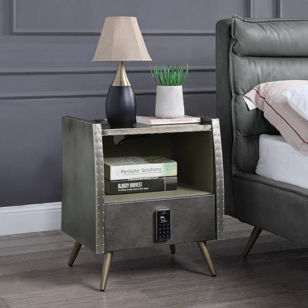 Doris - Nightstand With USB & Electric Lock - Gray Top Grain Leather & Aluminum
