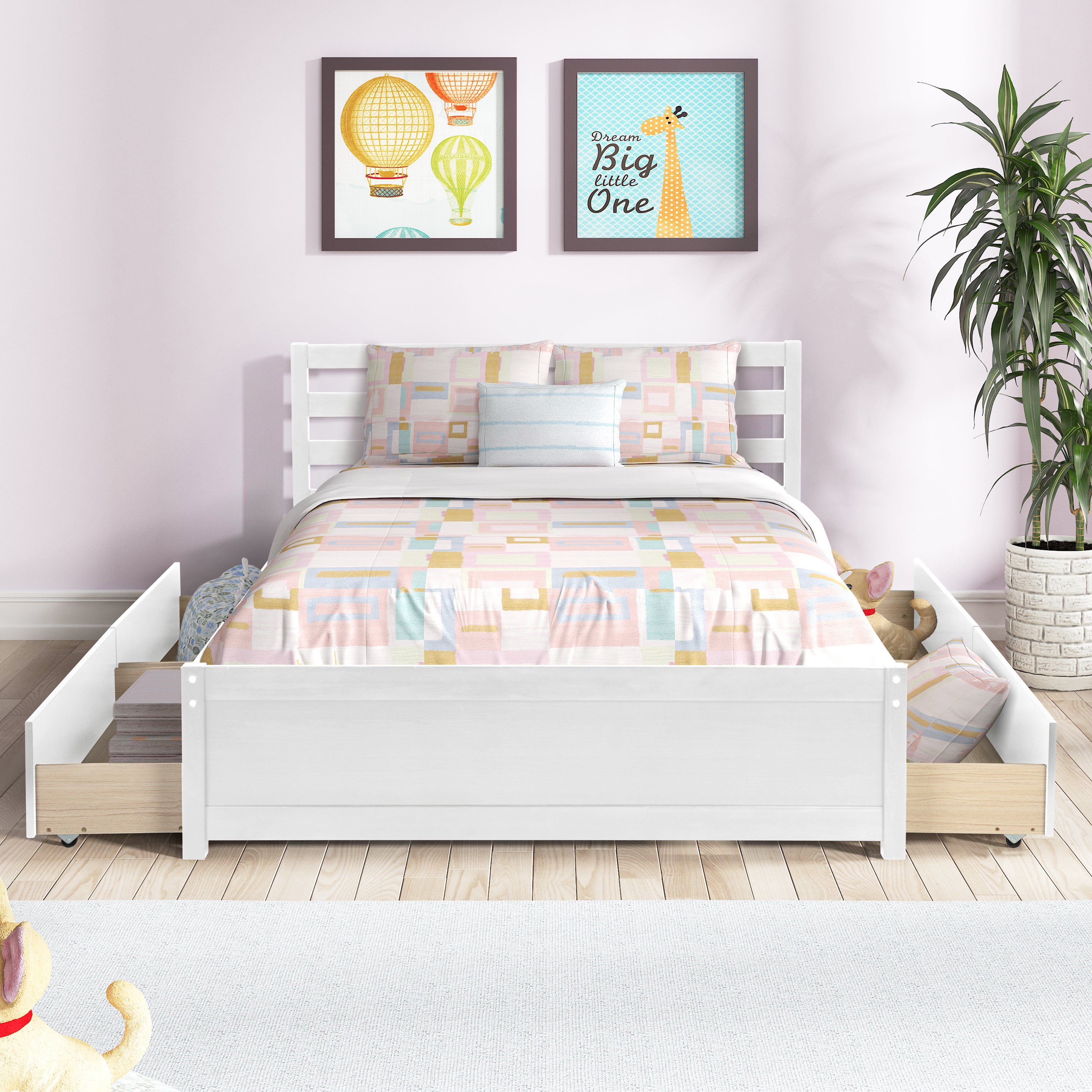 Full Size Wood Platform Bed Frame with 4 Storage Drawers and Headboard of White Color for All Ages - Atlantic Fine Furniture Melbourne FL