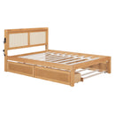 Full Size Elegant Bed Frame with Rattan Headboard and Sockets ,Walnut