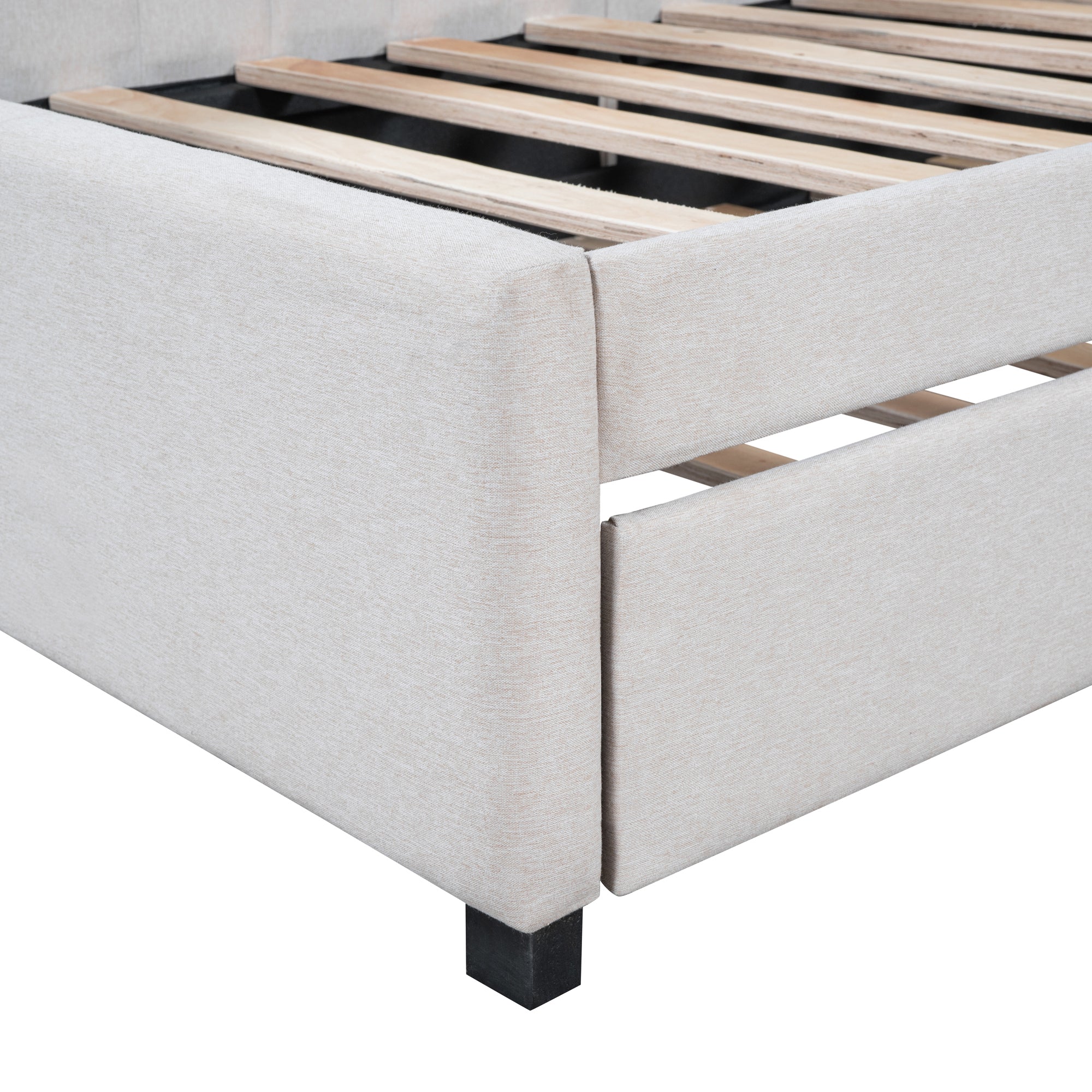 Upholstered Daybed with Trundle Twin Size Sofa Bed Frame No Box Spring Needed, Linen Fabric(Beige) - Atlantic Fine Furniture Melbourne FL