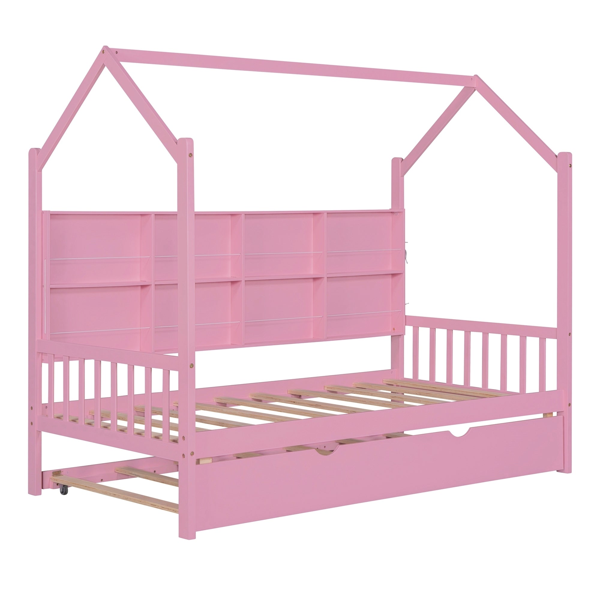Wooden Twin Size House Bed with Trundle,Kids Bed with Shelf,Pink